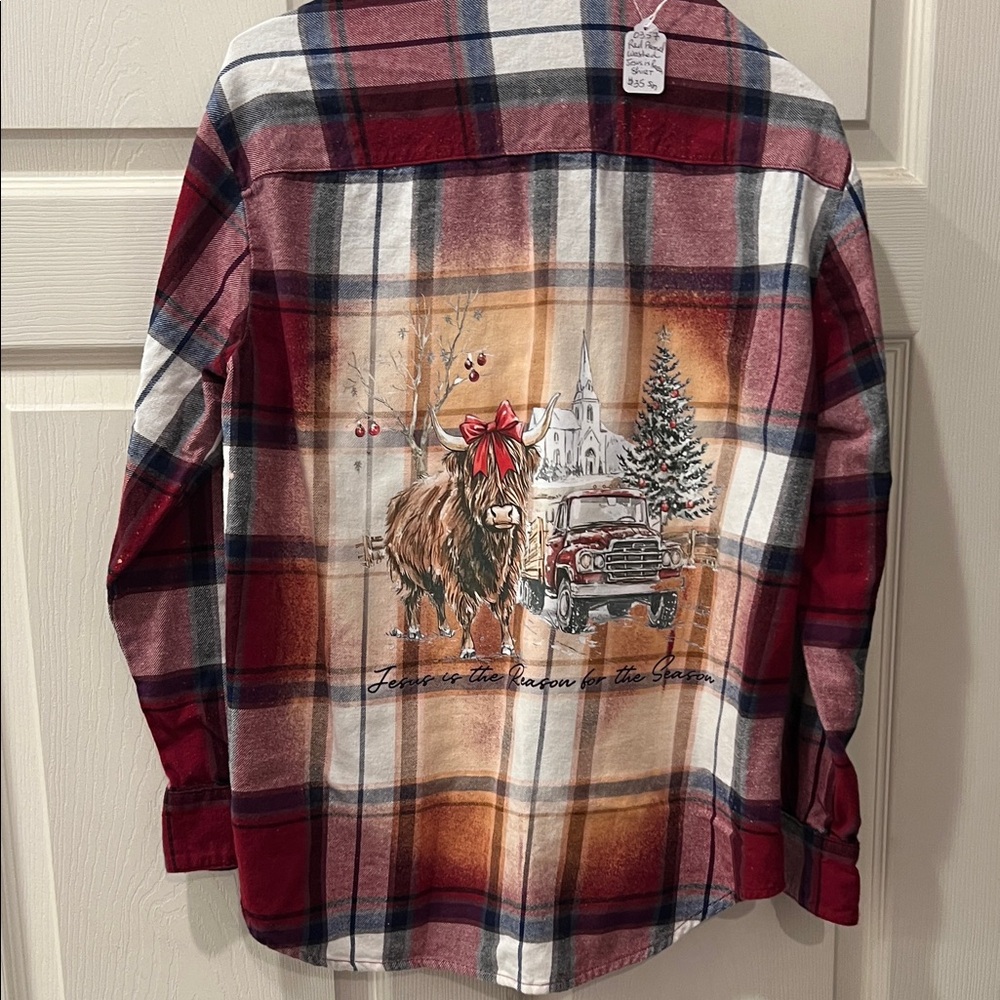 Jesus is the Reason Decal Red and Blue Plaid Men's Acid Washed Flannel Shirt